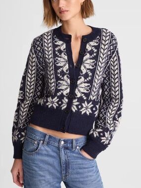 Madewell Fair Isle Cardigan Jacket in Wool navy ivory Size M